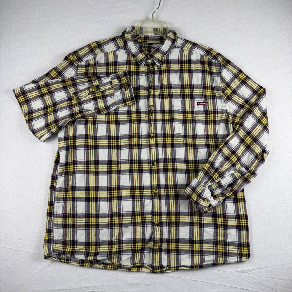 Wolverine Mens XL Plaid Flannel Long Sleeve Button Down Shirt White Yellow